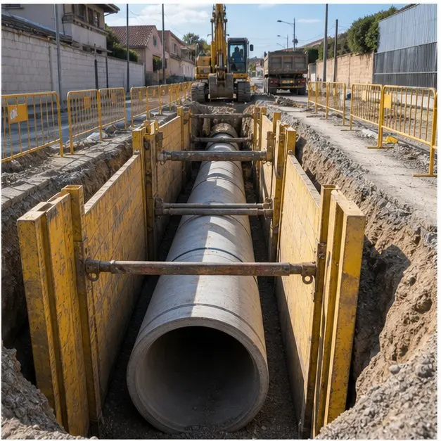 Canalizacion urbana con tuberia instalada y entibacion de seguridad