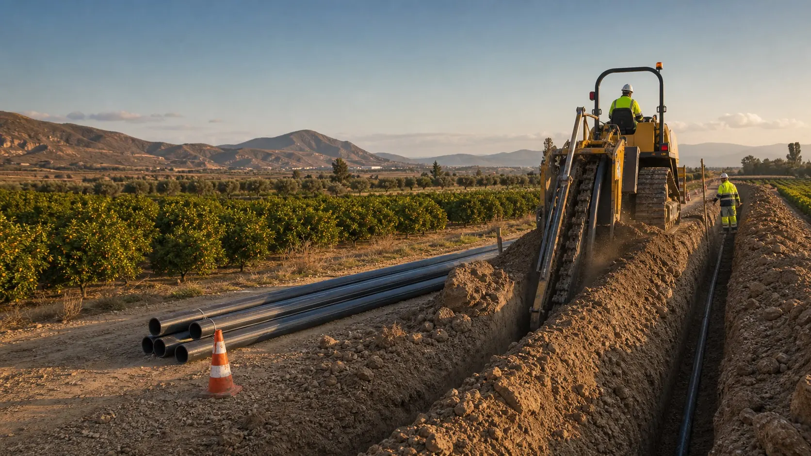 Zanjadora abriendo una zanja para canalizacion, imagen ilustrativa de entorno agricola mediterraneo de la zona de Murcia