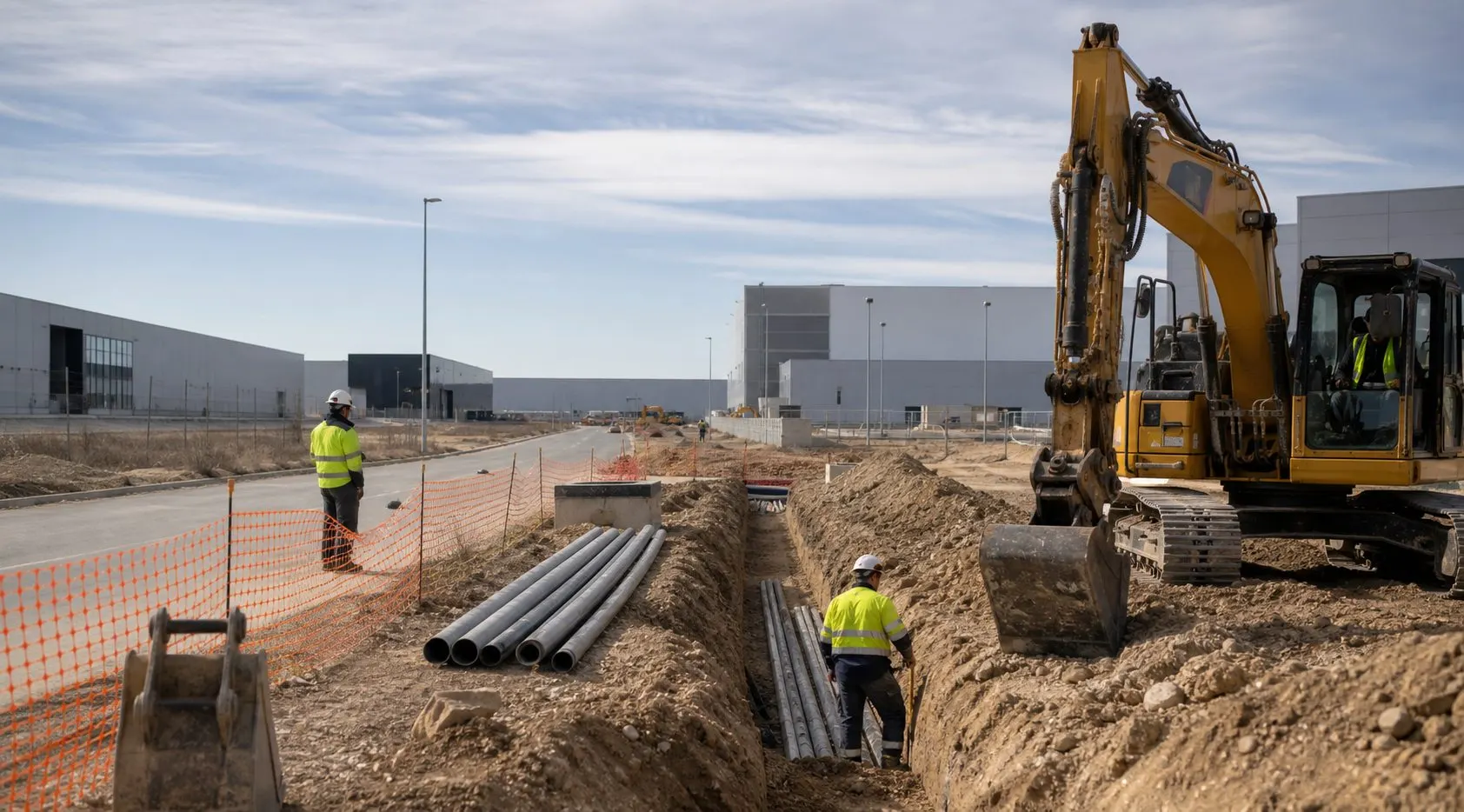 Zanjadora abriendo una zanja para canalizacion, imagen ilustrativa de entorno industrial de la zona de Elda