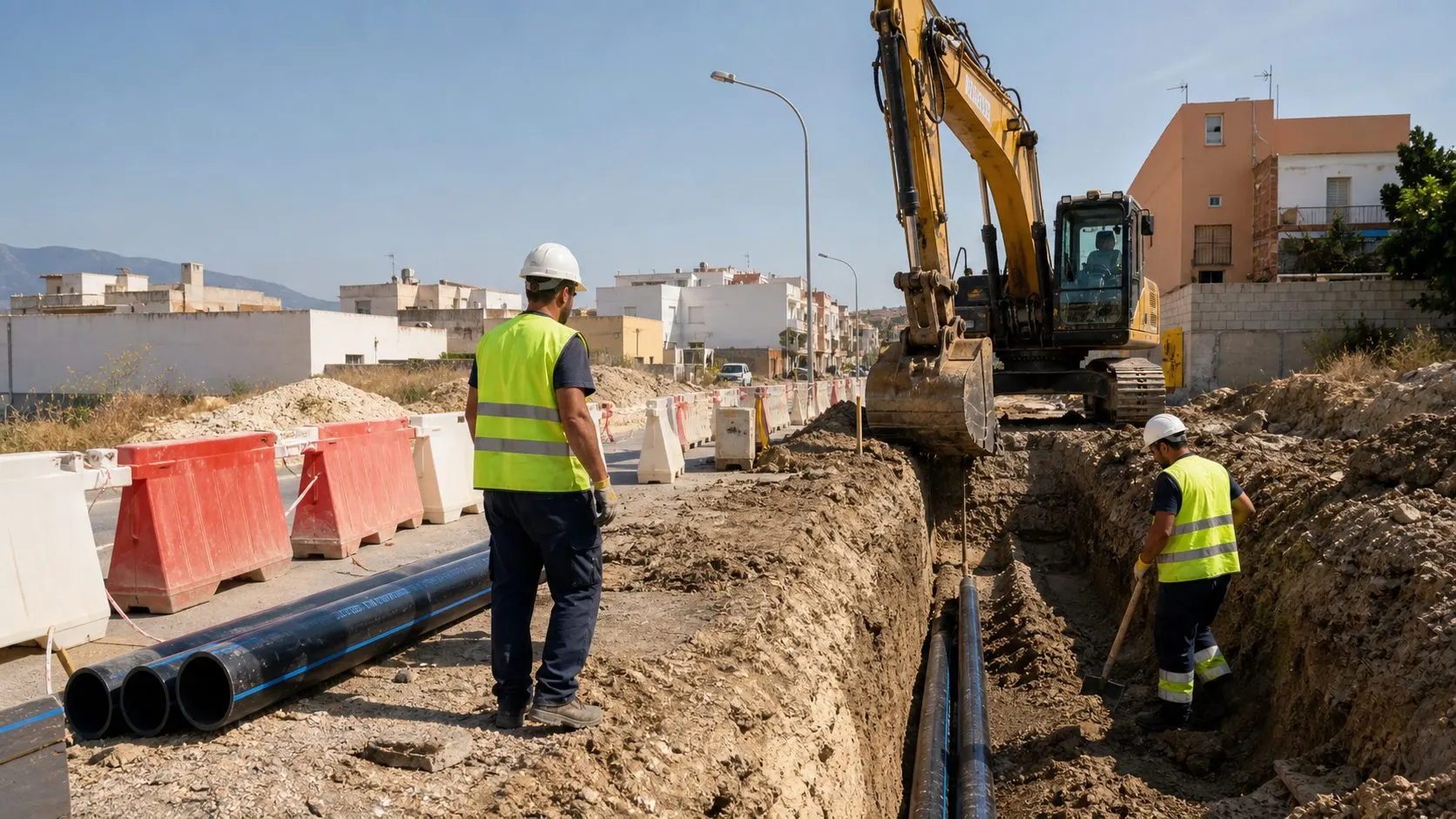 Zanjadora abriendo una zanja para canalizacion, imagen ilustrativa de entorno urbano mediterraneo de la zona de Benidorm