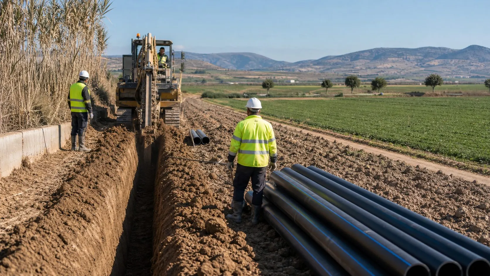 Zanjadora abriendo una zanja para canalizacion, imagen ilustrativa de entorno de huerta y regadio de la zona de Lorca