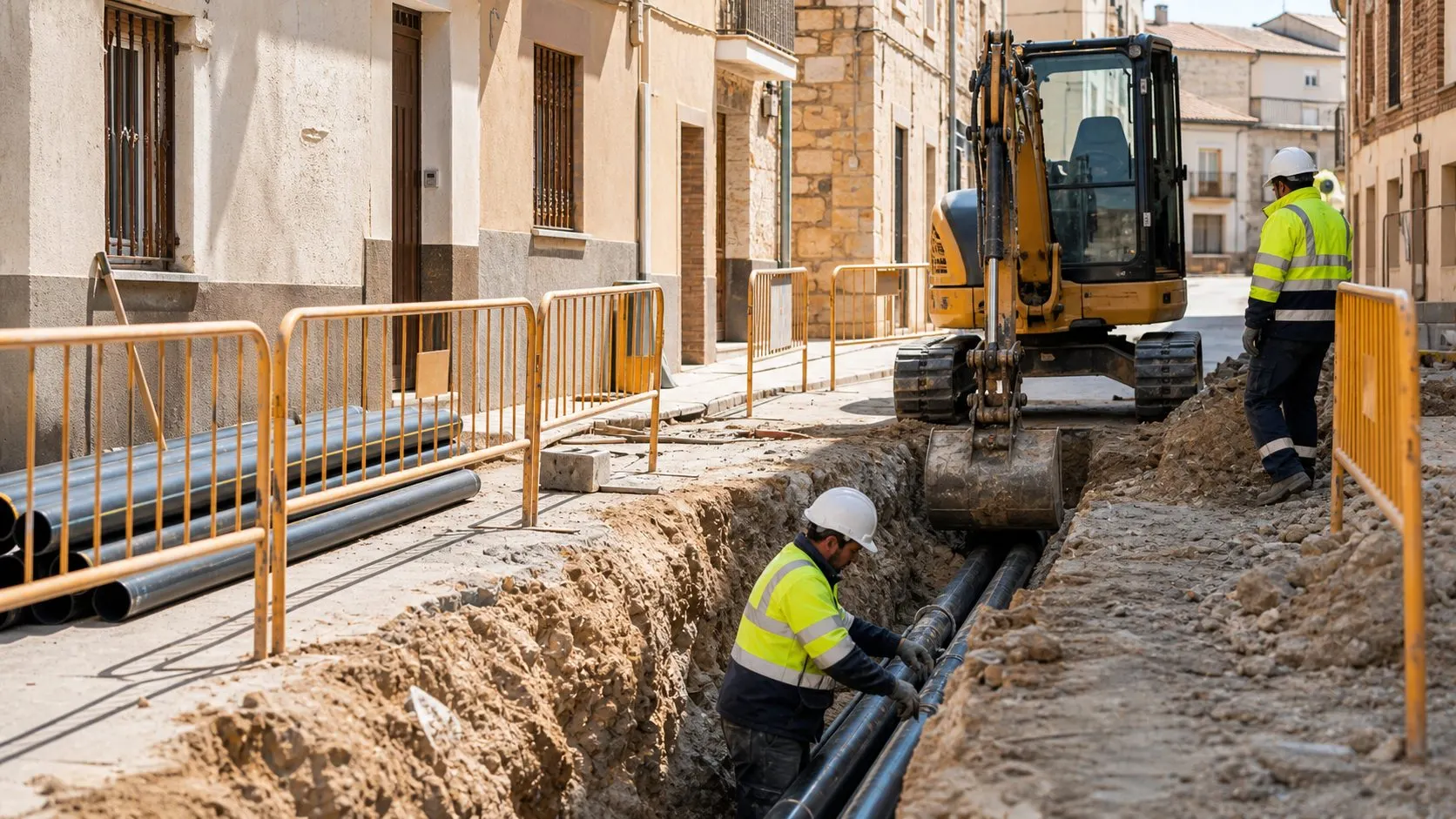 Zanjadora abriendo una zanja para canalizacion, imagen ilustrativa de entorno urbano de interior de la zona de Toledo