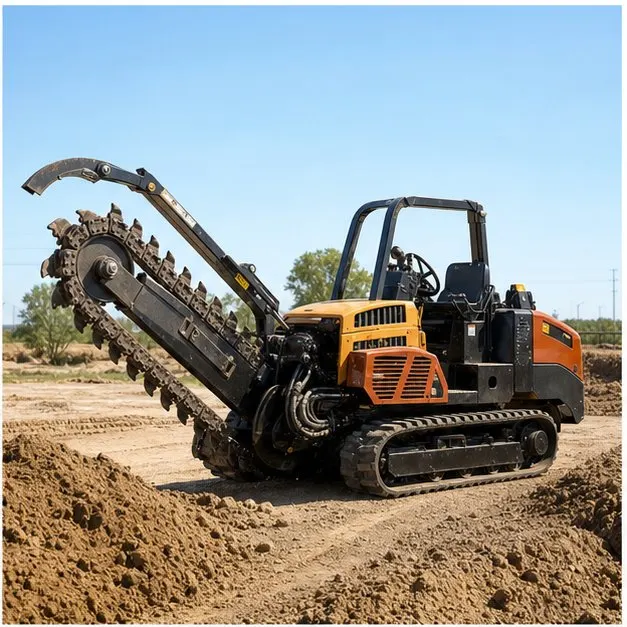 Zanjadora de cadena trabajando sobre terreno compacto