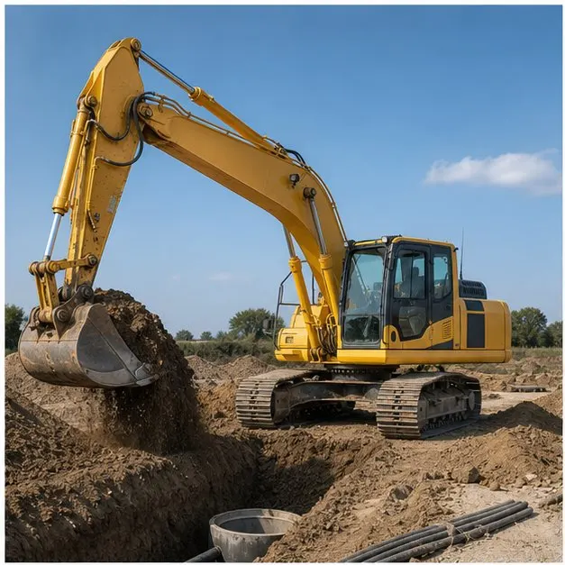 Excavadora de cadenas trabajando junto a una zanja