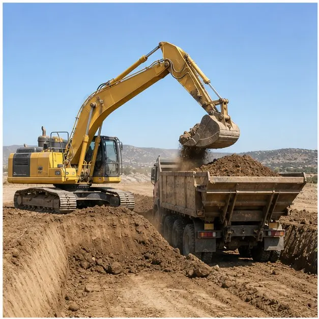 Excavadora cargando tierras en una obra de excavacion