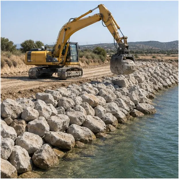 Excavadora colocando piedra para una escollera de contencion